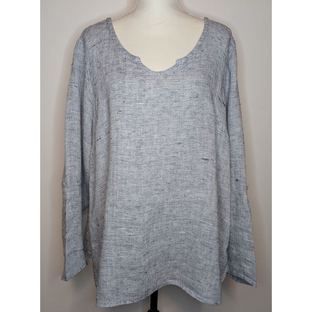 FLAX Linen Lagenlook Tunic Blouse Blue White Crosshatch Roll Tab Sleeve